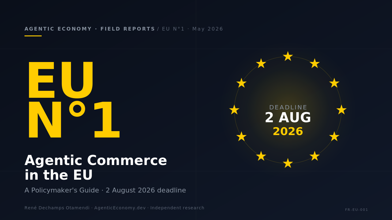 EU Field Report N°1 — Agentic Commerce in the EU. Twelve EU stars in a ring, '2 AUG 2026' deadline in the centre, dark navy background.